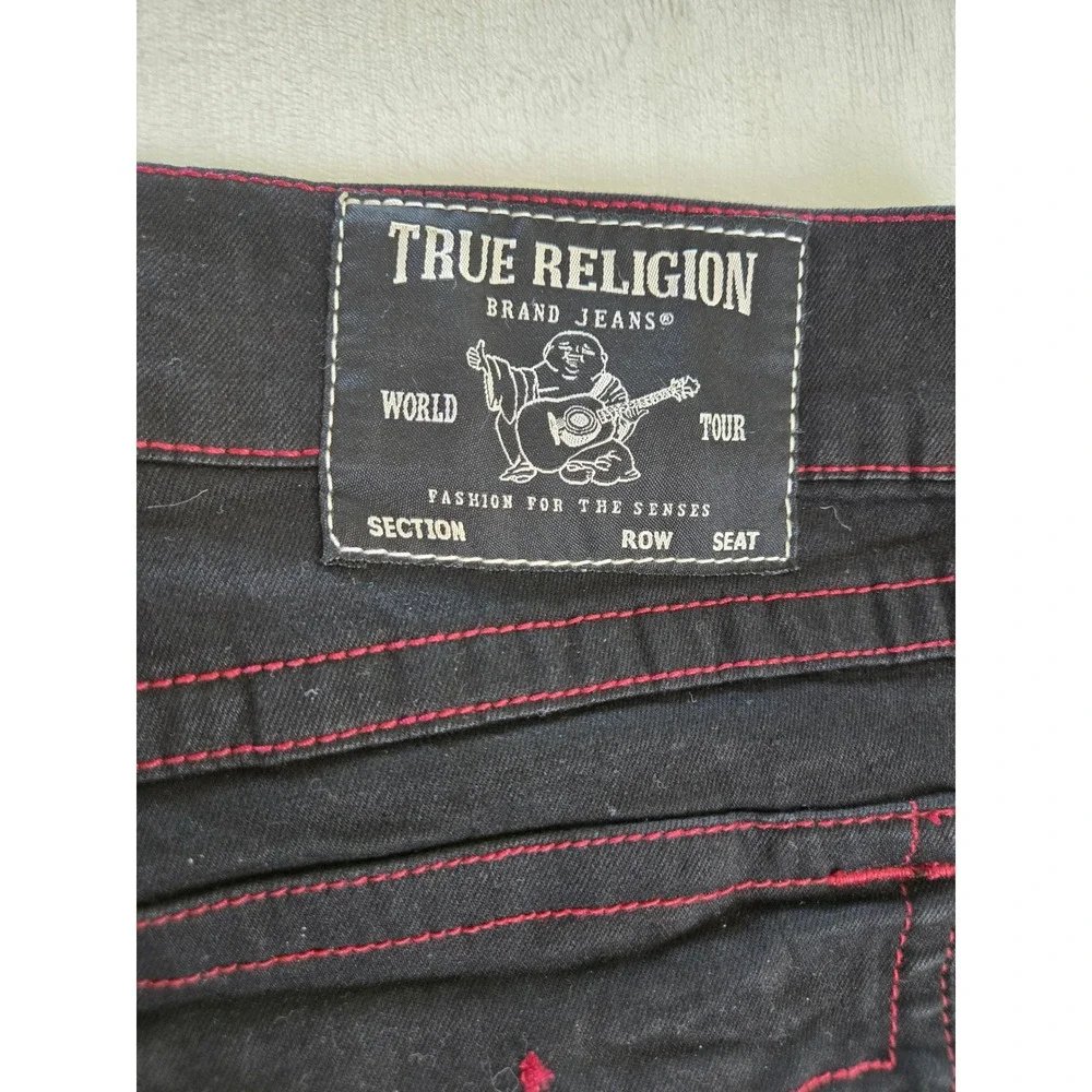 True Religion Ricky Relaxed Straight Black Jeans Red‎ Contrast Stitch Mens 36